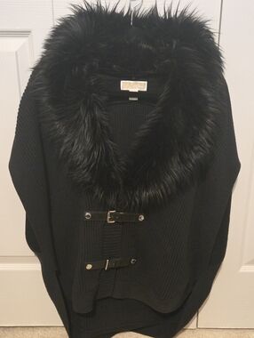 Michael Kors Black Knit Poncho with Faux Fur Trim